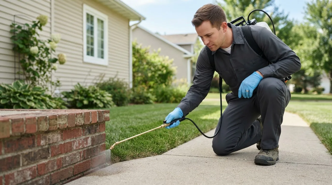 Pest control technician treating a home near Eldorado, WI