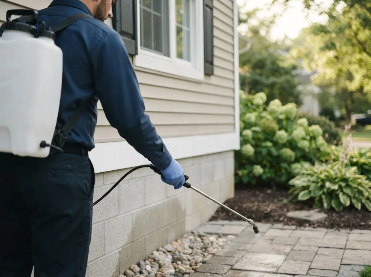 Pest control technician inspecting a home in Eldorado, WI